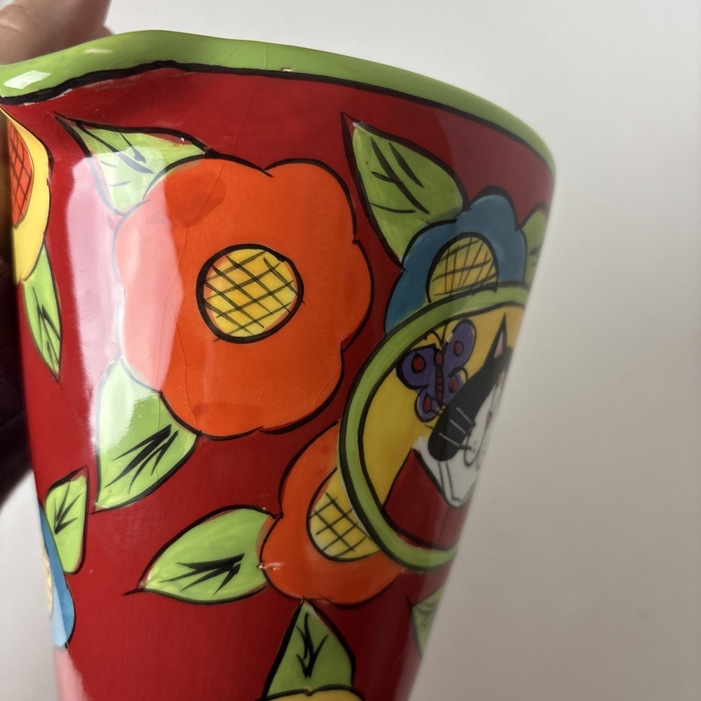 Catzilla Pedestal Pitcher By Candace Reiter Colorful Artsy Flowers Cat Design - Picture 4 of 14